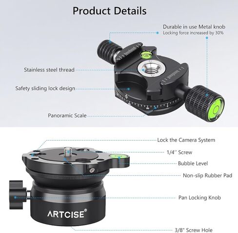 ARTCISE Leveling Base Tripod Leveling Head + Panoramic Pan Kit Aluminum Alloy Fast Leveling Tripod Head +15°/-15° Tilt Range 360° Panoramic Shooting Plate Maximum Load Capacity 22lbs in Saudi Arabia