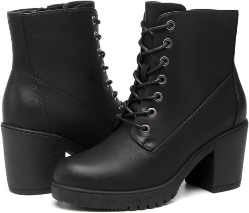 حذاء نسائي من TYNDALL بكعب مكتنز حذاء الكاحل أنيق بكعب عالٍ برباط وسحاب جانبي للفتيات حذاء نسائي أسود in Kuwait