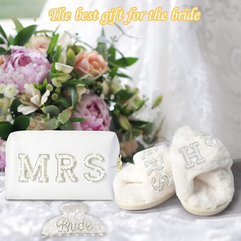 Personalized Initial Wedding Bride Slippers, Bride to Be Gifts, Bridal Shower Gifts, Bride Robe Hair Clip MRS Makeup Bag in Saudi Arabia
