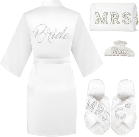 Personalized Initial Wedding Bride Slippers, Bride to Be Gifts, Bridal Shower Gifts, Bride Robe Hair Clip MRS Makeup Bag in Kuwait