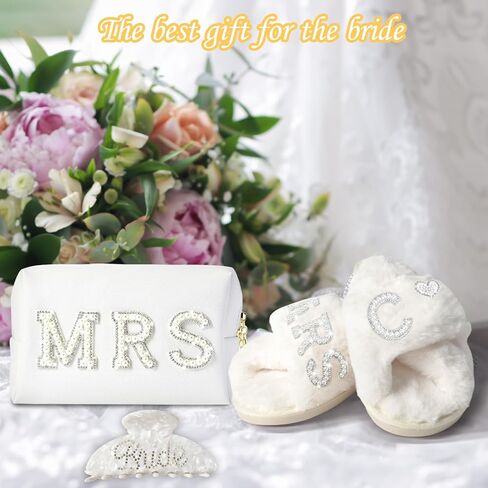 Personalized Initial Wedding Bride Slippers, Bride to Be Gifts, Bridal Shower Gifts, Bride Robe Hair Clip MRS Makeup Bag in Kuwait