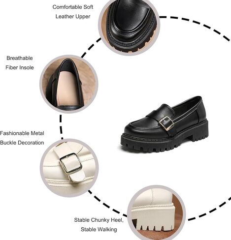 Women's Leather Chunky Lug Sole Monk Buckle Loafers Retro Round Toe Block-Heeled Comfortable Platform-Heightened Slip-On Casual Formal Shoes for Work,Parties,Dress in Saudi Arabia