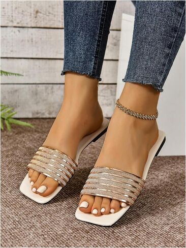 GORGLITTER Women's Square Toe Glitter Rhinestone Decor Flats Open Toe Single Band Vacation Slide Sandals in Saudi Arabia