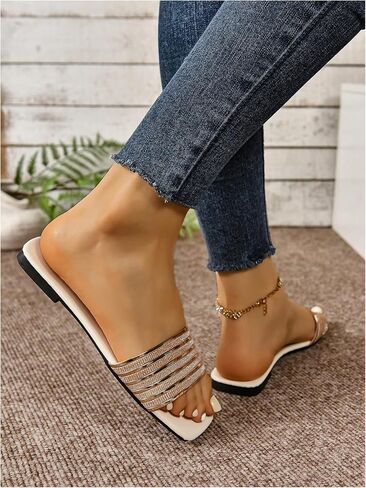 GORGLITTER Women's Square Toe Glitter Rhinestone Decor Flats Open Toe Single Band Vacation Slide Sandals in Saudi Arabia