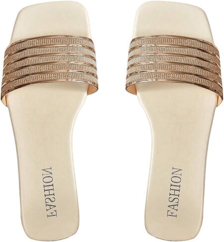 GORGLITTER Women's Square Toe Glitter Rhinestone Decor Flats Open Toe Single Band Vacation Slide Sandals in Saudi Arabia