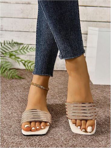 GORGLITTER Women's Square Toe Glitter Rhinestone Decor Flats Open Toe Single Band Vacation Slide Sandals in Saudi Arabia