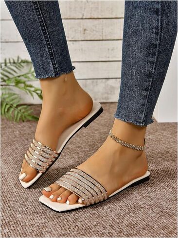 GORGLITTER Women's Square Toe Glitter Rhinestone Decor Flats Open Toe Single Band Vacation Slide Sandals in Saudi Arabia