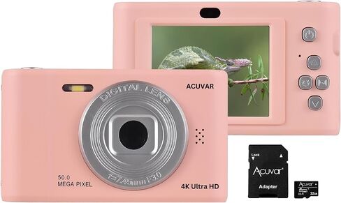 Acuvar 4K 50MP Digital Camera, Auto Focus Kids Camera Selfie with Front and Rear Dual Lenses, 32GB Card,16X Digital Zoom, Compact Travel Vlogging Video Camera Gift for Kid Teen Beginner (Pink) in Saudi Arabia