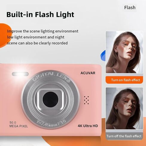 Acuvar 4K 50MP Digital Camera, Auto Focus Kids Camera Selfie with Front and Rear Dual Lenses, 32GB Card,16X Digital Zoom, Compact Travel Vlogging Video Camera Gift for Kid Teen Beginner (Pink) in Saudi Arabia