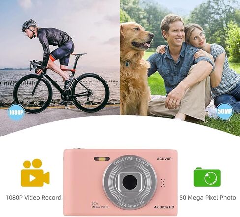 Acuvar 4K 50MP Digital Camera, Auto Focus Kids Camera Selfie with Front and Rear Dual Lenses, 32GB Card,16X Digital Zoom, Compact Travel Vlogging Video Camera Gift for Kid Teen Beginner (Pink) in Saudi Arabia