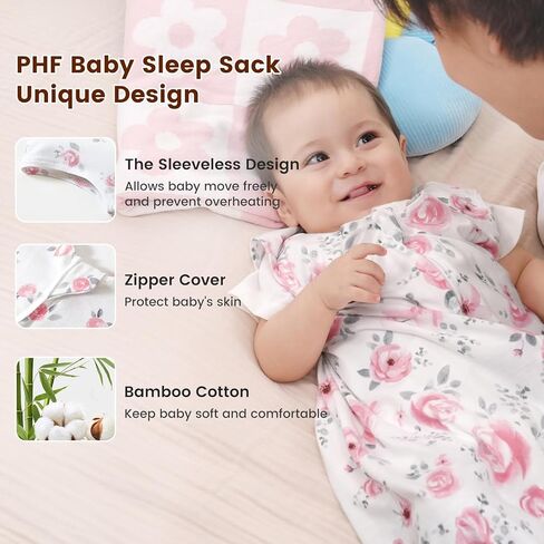 PHF 70% Rayon Derived from Bamboo and 30% Cotton Baby Sleep Sacks 0-6 Months, Baby Sleeping Bag 2-Way Zipper, 2 Pack 0.5 TOG Soft and Breathable Wearable Blanket for Baby Boys Small Size, Dinosaur in Kuwait