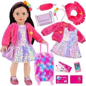 K.T. Fancy 23 Pcs American 18 Inch Doll Clothes and Accessories, Cute Doll Suitcase Set for 18 Inch Girl Doll Included Doll Sequined Dress, Sunglasses, Unicorn Bag, Shoes(No Doll)