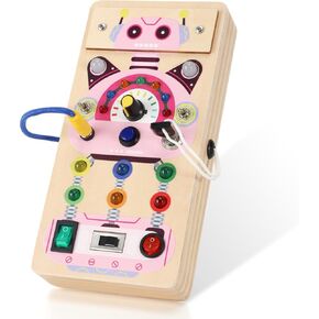 Upltowtme Robot Busy Board with LED Light, Pink Wooden Montessori Sensory Toys for Toddler, Travel Activity Educational Toys Girls Birthday Gift