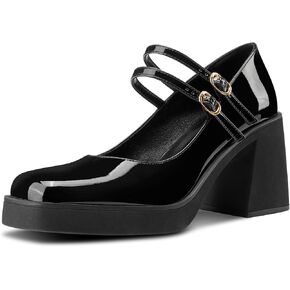 Platform Mary Jane Shoes for Women Mid Chunky Block Heel Square Toe Two Strap Buckle Pumps for Casual Party 3.2 Inches Heels