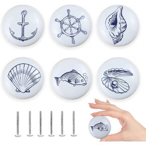 6pcs1.49Inch Coastal Nautical Drawer Pulls and Knobs Nautical Fish Beach Ceramic Cabinet Knobs