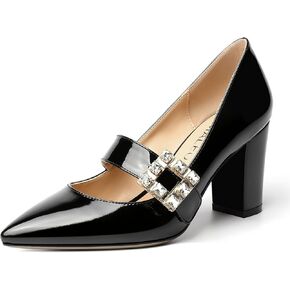 NUMALEO Womens Evening Pointed Toe Ankle Strap Bungee Solid Patent Dress Block High Heel Pumps Shoes 3.3 Inch