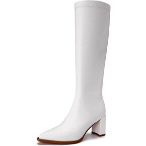 Women's Knee High Boots Block Heel Pointed Toe Side Zipper Stretchy PU Leather Party Sexy Dress Long Boots