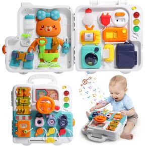 Busy Board for 1 Year Old with Music,Toddler Toys for 1-2 Year Boy Girl, Montessori Busy Board with LED Light,Motor Skills Developmental Toy for 12-18 Month Age, Birthday Gift for 1+ Year Old Orange