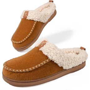 LongBay Women's Moccasin Slippers Faux Wool Felt Slip-On Bedroom Clog Comfy Memory Foam Indoor Outdoor House Shoes with Fuzzy Collar Burgundy 7-8