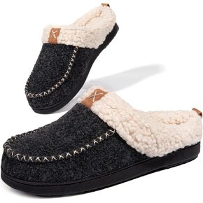 LongBay Women's Moccasin Slippers Faux Wool Felt Slip-On Bedroom Clog Comfy Memory Foam Indoor Outdoor House Shoes with Fuzzy Collar Burgundy 7-8