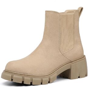 IDIFU IN2 Chelsea Boots Women Ankle Boots for Women Platform Low Heel Short Chunky Lug Sole Block Round Toe Boots Fall Dress Comfortable Fashion Booties for Women Elastic Heeled Boots