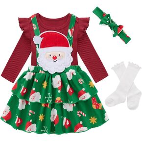 Weixinbuy Newborn Baby Girl Christmas Thanksgiving Outfit 4 Pcs Long Sleeve Romper + Suspender Skirt + Headband + Socks