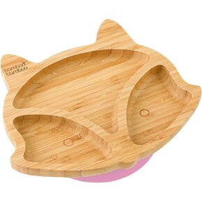 Bamboo Baby Plate with Suction - Kids and Toddler Suction Cup Plate for Babies, Non-toxic All-Natural Bamboo Baby Food Plate Stays Cool to the Touch for Baby-Led Weaning (Fox-Blue)