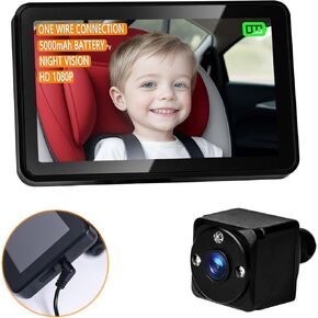 One-Wire Connection Baby Car Camera, HD 1080P Baby Car Mirror, Night Vision Car Seat Camera, Rear Facing Backseat Monitor with Screen for Parents, USB Powered, Rechargeable 5000mAh Battery