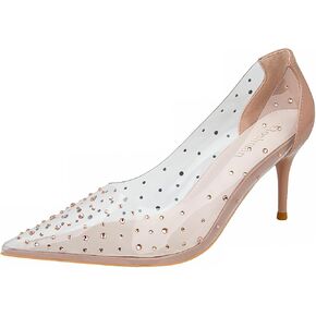 Women's Rhinestones Clear Leather Stiletto Pumps Fashion Comfort Closed Pointed Toe Slip On High Heels Sandals for Party Prom Date Dress Shoes