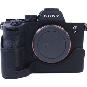 A7M4 A7S3 A1 Case, Handmade Genuine Real Leather Half Camera Case Bag Cover for Sony Alpha 7IV /A7M4 /A7S III /A1 Bottom Opening Version + Hand Strap (Black)