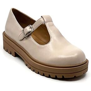 Soda Women's Mary Jane Shoes Oxford Dress Shoes Round Toe T-Strap Platform Chunky Heel Pumps Shoes-Tangia Bone Pu 9