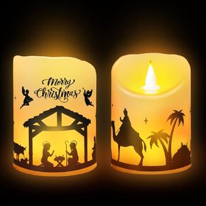 2 Pieces Christmas Flameless LED Candles with 8h Timer, Battery Operated Plastic Pillar Rustic Candles Warm Light with Decals for Adventure Table Home Decor, D3 x H6 (Woodland Mountain)