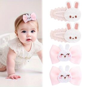 Cute Baby Girl Hair Clips Set Pink Animal Designs Cotton Crochet Clips Rabbit Bear Bow Bobby Pins for Infants & Toddlers