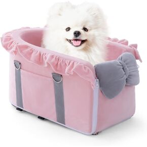 Jaoul Dog Car Seat for Small Dogs - Fully Detachable with Adjustable Straps Center Console Dog Car Seat - Comfortable Bow Design Pet Car Seats - Portable Pet Booster Seat for Puppy, Cat (Pink)