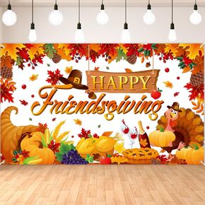 Happy Friendsgiving Backdrop,Large Fall Maple Leaves Turkey Pumpkin Friends Thanksgiving Background Banner for Fall Friendsgiving Party Give Thanks Photo Backdrop Decorations,72X43 inch