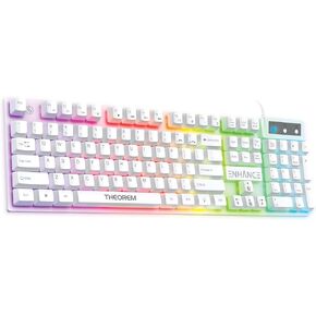 ENHANCE Theorem 3 White Keyboard - Gaming Keyboard with a White, Clear Design, Hybrid Mechanical Feel Keyboard with 19KRO, Anti-Ghosting, Multimedia Keys - Ergonomic Keyboard, Light Up Keyboard for PC