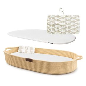 XL Reinforced Baby Changing Basket with Extra Travel Diaper pad, Foldable Baby Changing Pad with Water Repellent Cover, Cotton Rope Baby Basket, Changing Table Topper for Dresser (Brown)
