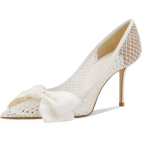 Women's Bow High Heels Pointed Toe Pumps Lace Mesh Stiletto Heels Dressy Wedding Party Pumps Bridal Shoes White(3.34 inch)