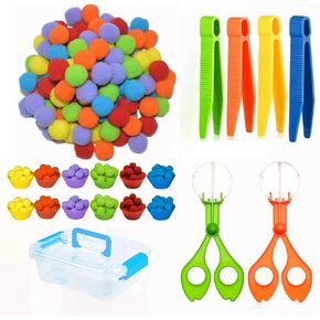 119Pcs Kid Tweezers fine Motor Skills Set,Helping Hands fine Motor Tool Set，Includes 100 Pcs Pompoms,12 Cups,4 Tweezers,2 Clips,1 Storage Box for Counting Sorting Training