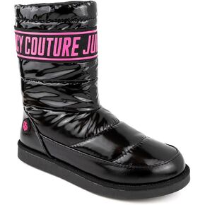 Juicy Couture Women's Quilted Slip-On Winter Boots – Waterproof, Warm Mid-Calf Snow Booties with Logo Strap-Kissie