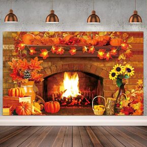 Fall Thanksgiving Decoration Thanksgiving Fireplace Backdrop Autumn Harvest Pumpkin Background Thanksgiving Day Maple Leaf Sunflower Banner For Thanksgiving Fall Birthday Party Photo Props Supplies
