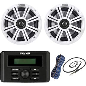 KICKER Weather-Resistant Marine Bluetooth USB RCA Stereo Receiver Bundle Combo with (Qty 2) 6.5" 2-Way 195W Max Coaxial Marine Speaker w/Charcoal Salt Water Grilles, 50-Ft 16-Gauge Wire, Antenna