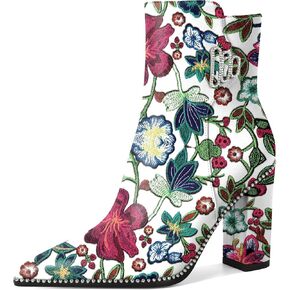 Womens Pointed Toe Beaded Chunky Ankle Boots Side Zipper 3.7 Inches High Heel Short Boots