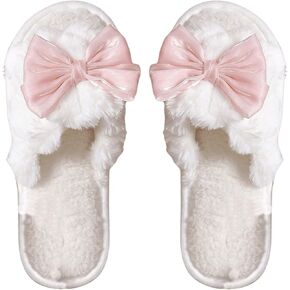 Verdusa Women's 3D Bow Plush Fuzzy Slippers Open Toe Warm Indoor Bride Wedding Slippers