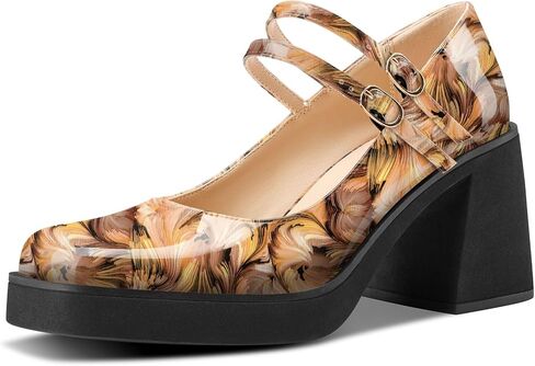 Platform Mary Jane Shoes for Women Mid Chunky Block Heel Square Toe Two Strap Buckle Pumps for Casual Party 3.2 Inches Heels in Saudi Arabia