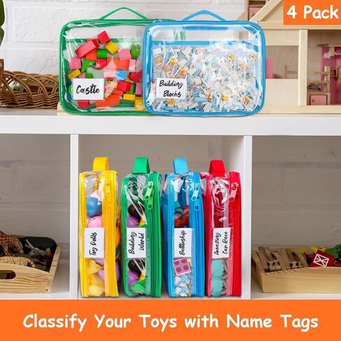 4 Pack Toy Storage Organizer Bag for Lego Bricks, Clear PVC Zippered Block Set with Manual Pocket& Name Tag, Waterproof Toy Carrying Case for Board Games, Building Blocks& Puzzles (Large Black) in Saudi Arabia