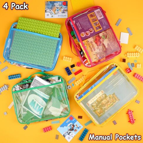 4 Pack Toy Storage Organizer Bag for Lego Bricks, Clear PVC Zippered Block Set with Manual Pocket& Name Tag, Waterproof Toy Carrying Case for Board Games, Building Blocks& Puzzles (Large Black) in Saudi Arabia
