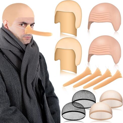 WILLBOND 12 Pack Halloween Bald Caps Latex Bald Head Wig Caps Long Fake Nose for Men Women Cosplay Theme Party in Saudi Arabia