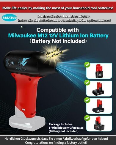 Leaf Blower for Milwaukee12V M12 Battery Cordless Electric Air Duster Mini Jet Blower Portable Violent Fan for Garage,Sawmill Room,Camping BBQ,Wood Workshop Cleaning,Clear Snow(Battery Not Included) in Kuwait