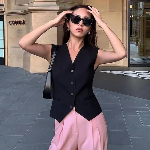 Womens Suit Vest Dressy 4 Button Down V-Neck Waistcoat Vest Economy Suit Business Blazer Jackets with Pockets in Saudi Arabia
